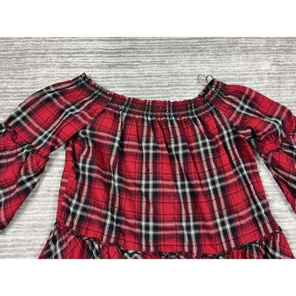 C‎ Label Top Womens Large Red Plaid Off Shoulder 3/4 Sleeve Bohemian Casual - Picture 8 of 12